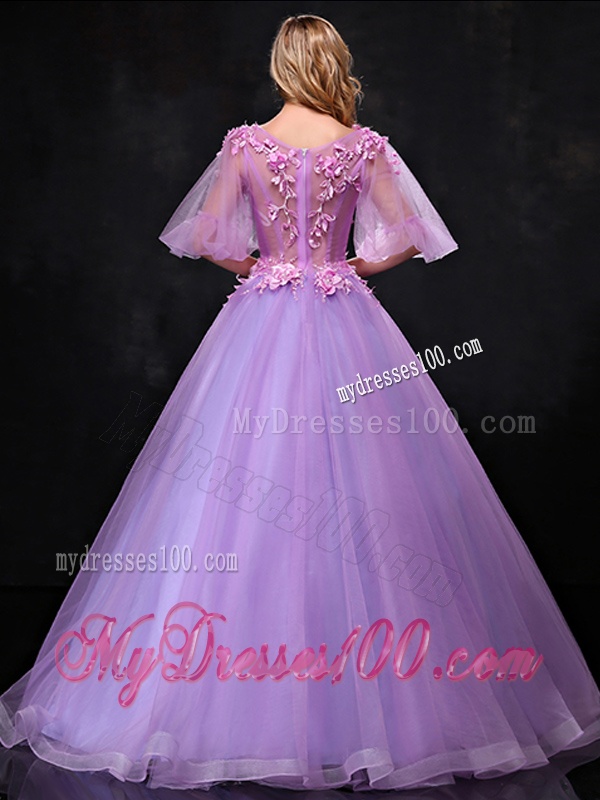 See Through Half Sleeves Bateau Bridesmaid Dress with Hand Made Flowers
