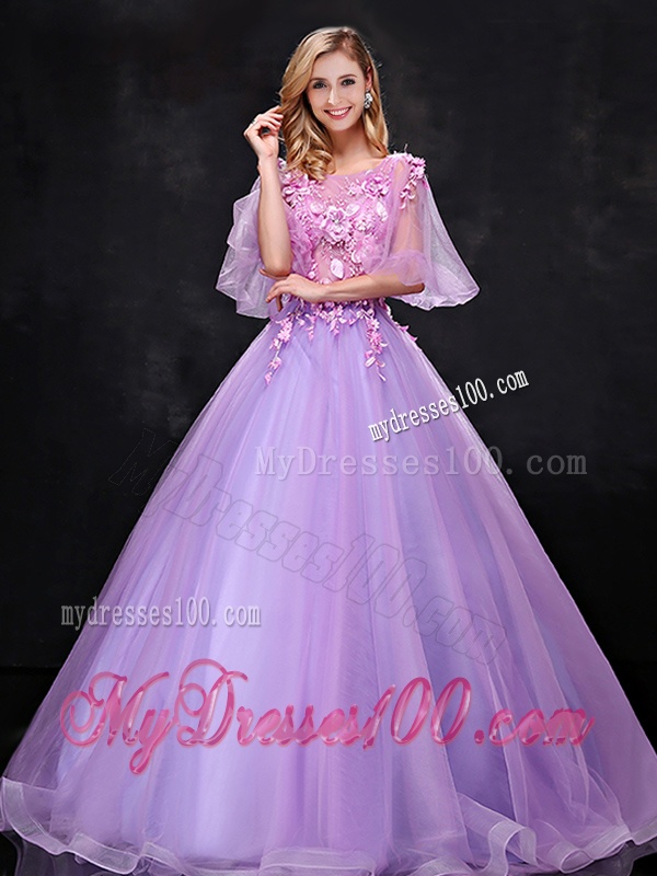 See Through Half Sleeves Bateau Bridesmaid Dress with Hand Made Flowers