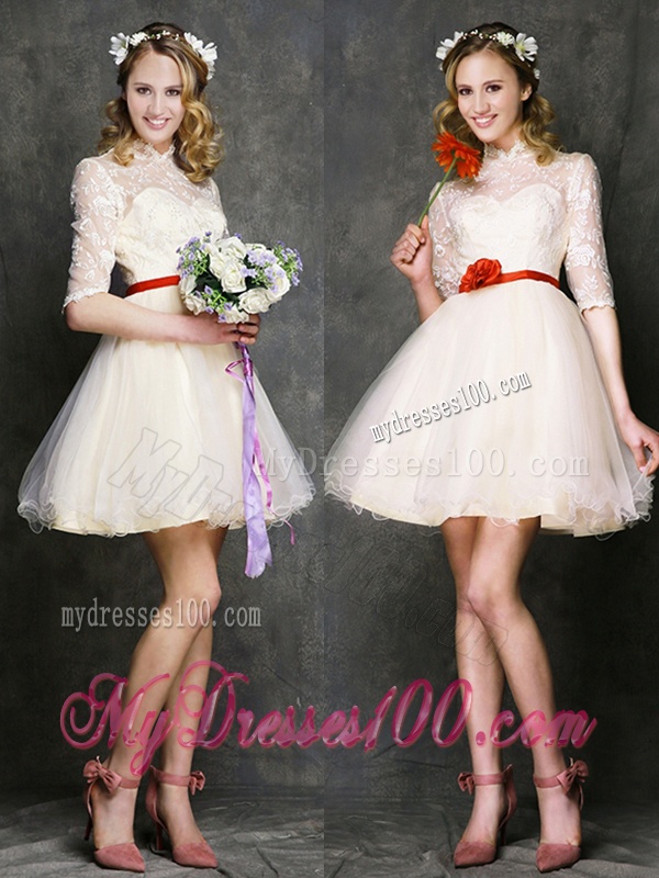See Through High Neck Half Sleeves Short Bridesmaid Dress with Belt