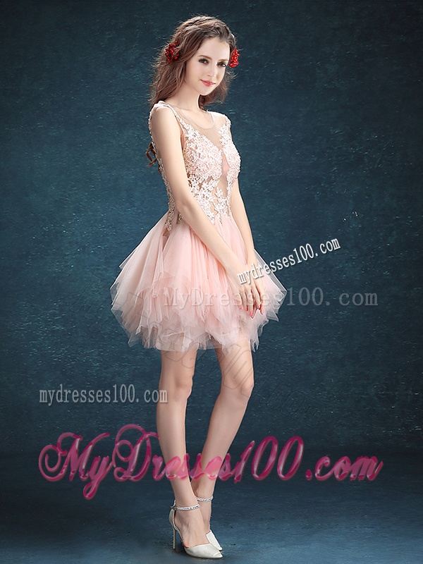 See Through Scoop Baby Pink Bridesmaid Dress with Appliques and Ruffles