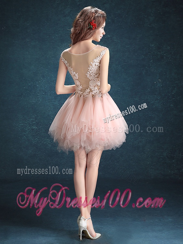 See Through Scoop Baby Pink Bridesmaid Dress with Appliques and Ruffles