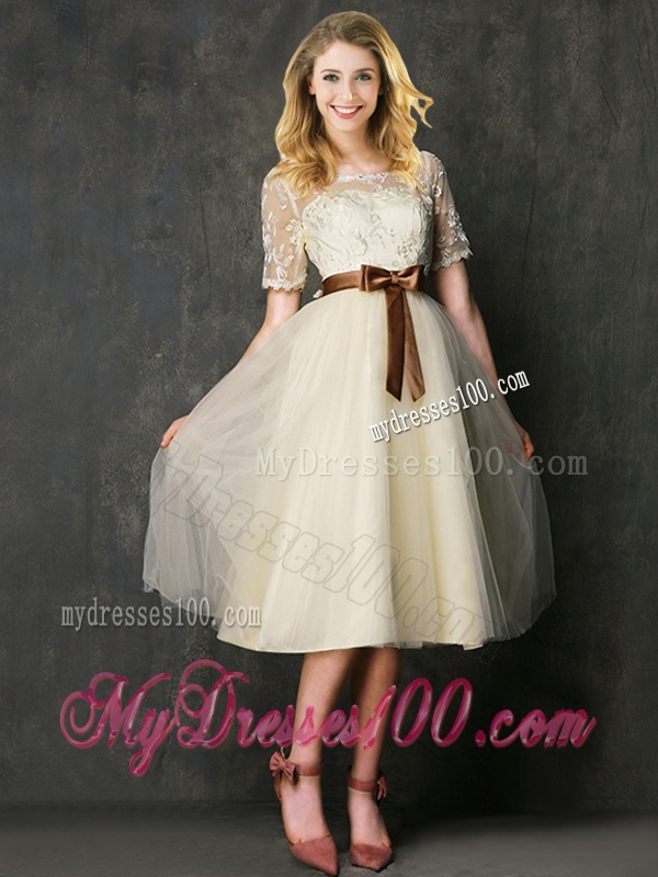 See Through Scoop Short Sleeves Bridesmaid Dress with Bowknot and Lace
