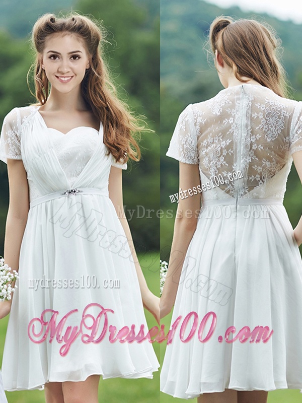 See Through Short Sleeves White Bridesmaid Dress with Belt and Lace
