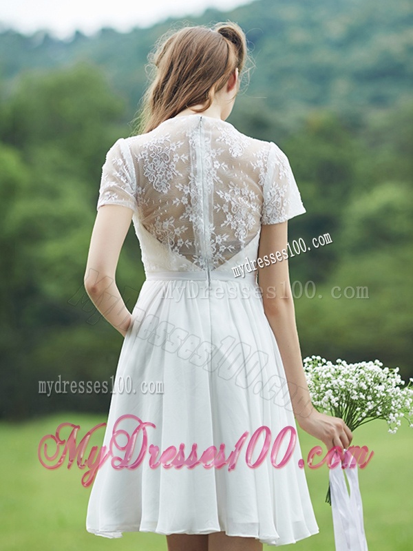 See Through Short Sleeves White Bridesmaid Dress with Belt and Lace
