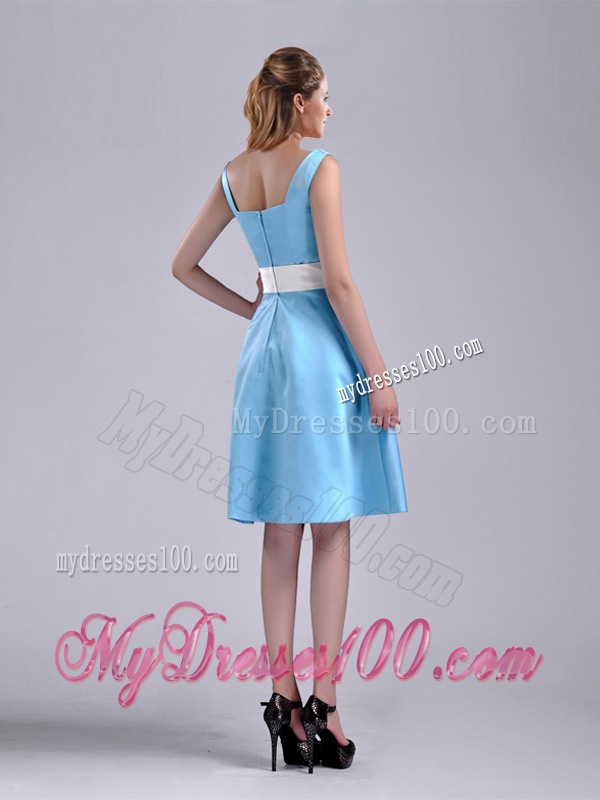 Simple Belted and Ruched Aqua Blue Bridesmaid Dress in Knee Length