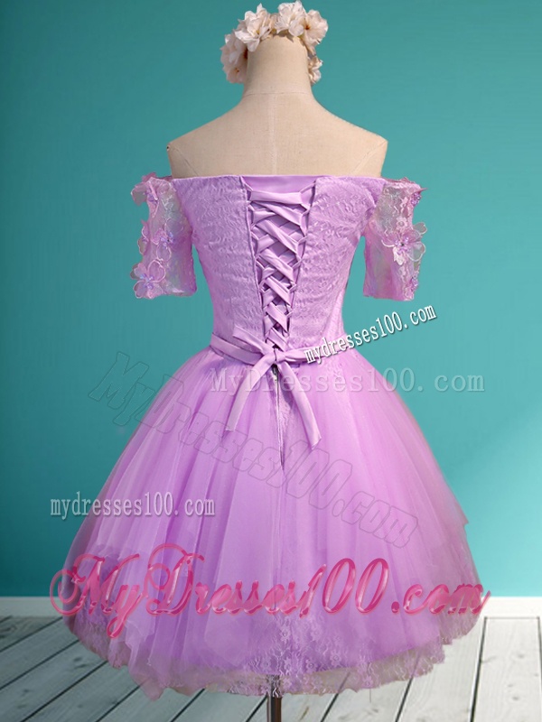Sweet Lilac Off the Shoulder Short Sleeves Bridesmaid Dress with Appliques and Belt