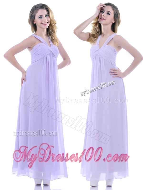 Wonderful Ruched Decorated Bust Ankle Length Bridesmaid Dress in Lavender