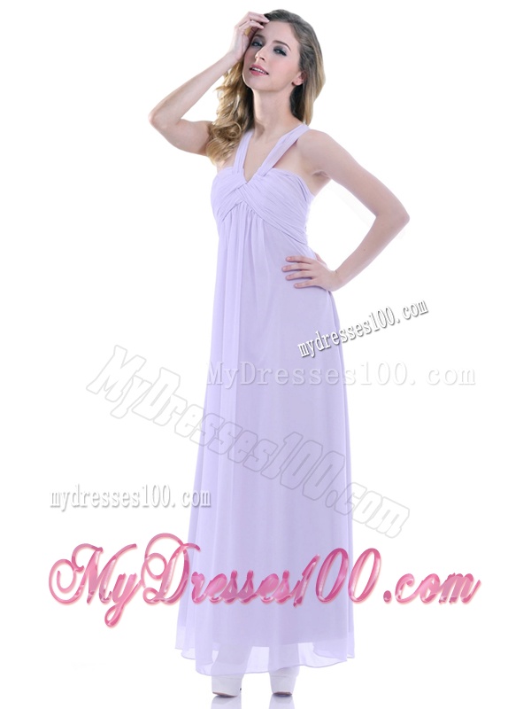 Wonderful Ruched Decorated Bust Ankle Length Bridesmaid Dress in Lavender