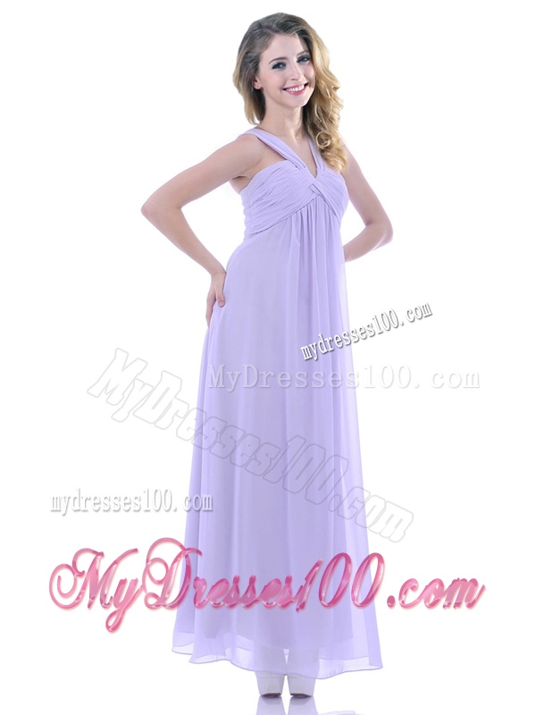 Wonderful Ruched Decorated Bust Ankle Length Bridesmaid Dress in Lavender