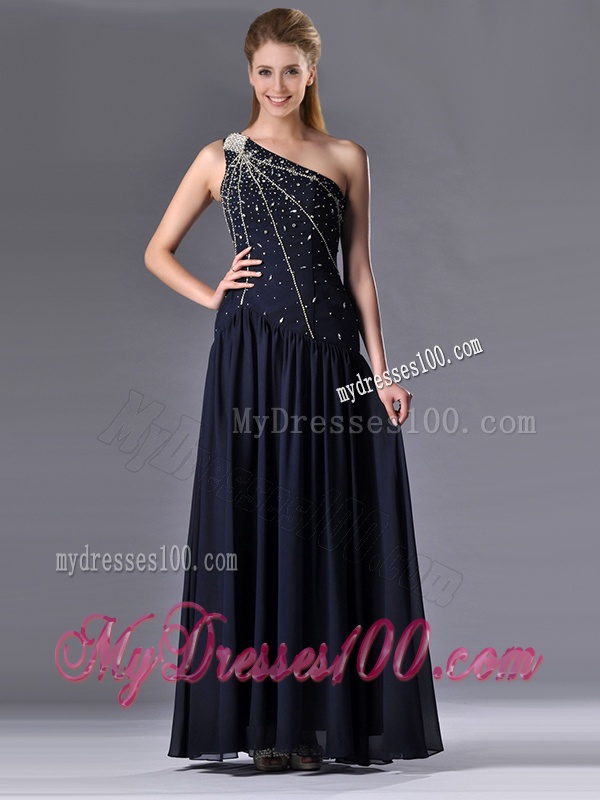 Beautiful Column One Shoulder Beaded Mother of The Bride Dress in Navy Blue