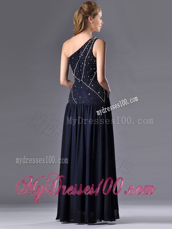 Beautiful Column One Shoulder Beaded Mother of The Bride Dress in Navy Blue