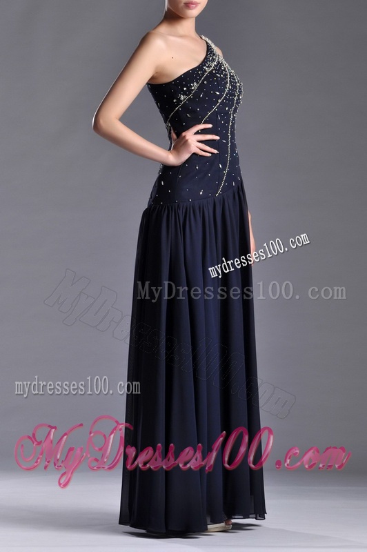 Beautiful Column One Shoulder Beaded Mother of The Bride Dress in Navy Blue