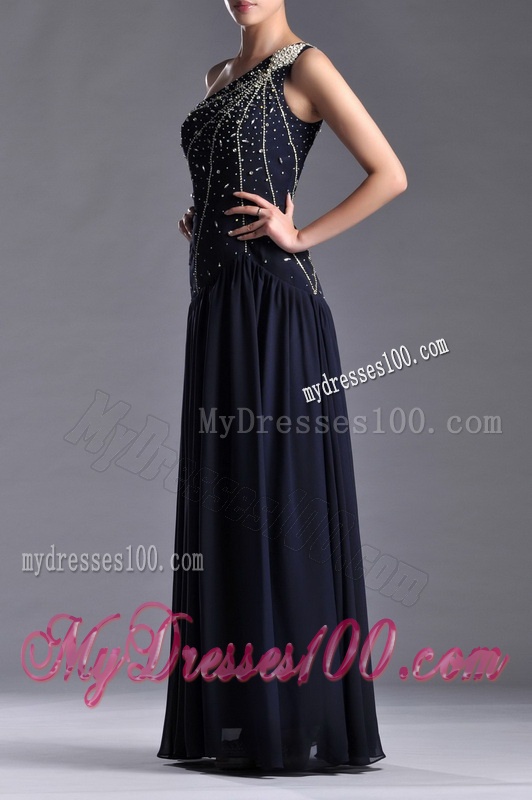 Beautiful Column One Shoulder Beaded Mother of The Bride Dress in Navy Blue