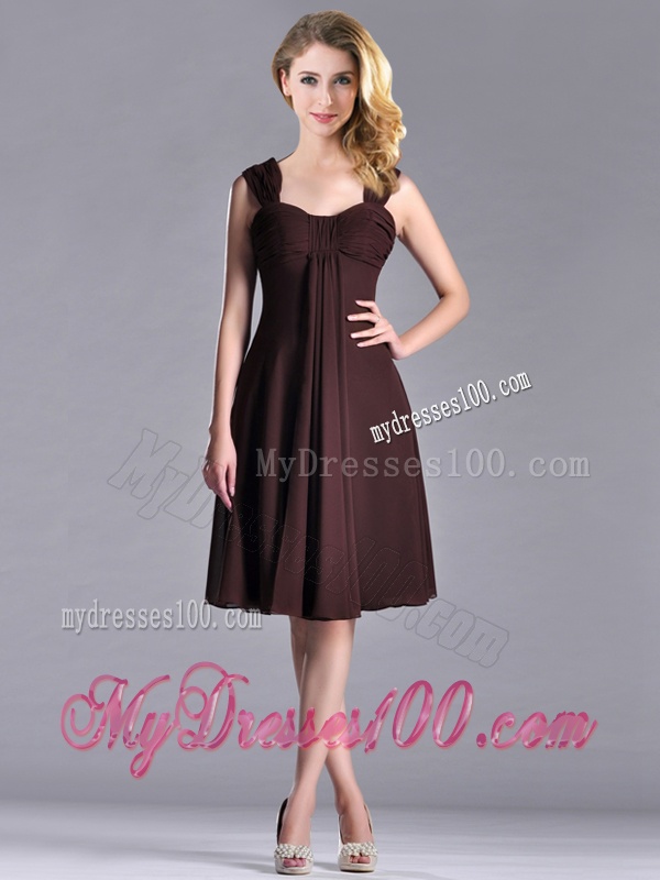 Best Selling Empire Ruched Brown Mother of The Bride Dress with Wide Straps