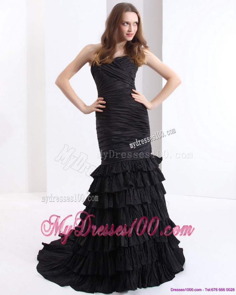 Brush Train Pleated Black Mother of The Bride Dress with One Shoulder and Ruffled Layers
