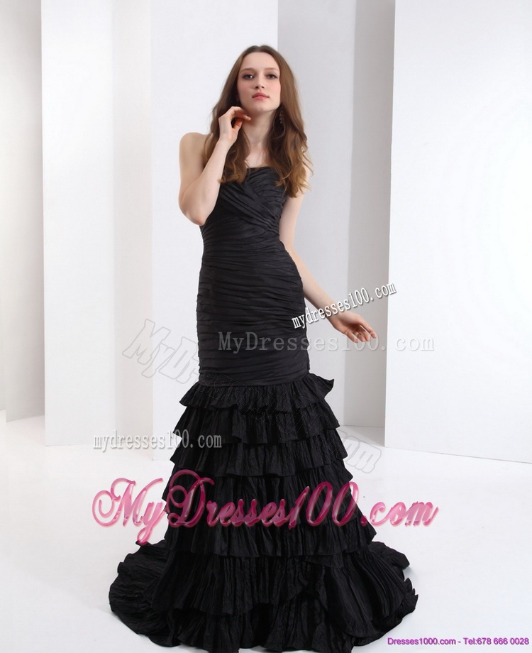 Brush Train Pleated Black Mother of The Bride Dress with One Shoulder and Ruffled Layers