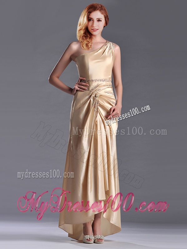 Champagne Ankle-length Beaded Side Zipper Mother of The Bride Dress with One Shoulde