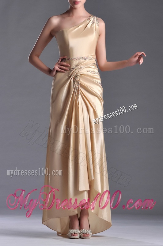 Champagne Ankle-length Beaded Side Zipper Mother of The Bride Dress with One Shoulde