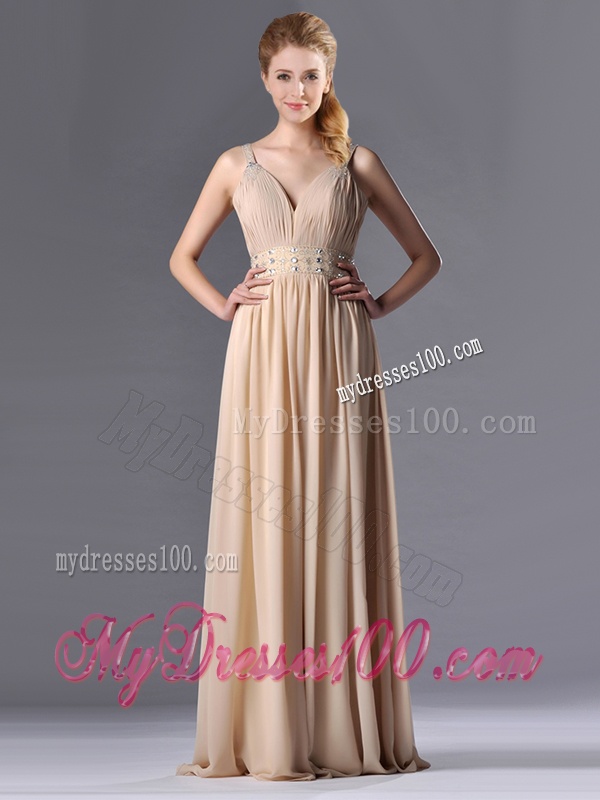 Champagne Empire Straps Beaded Chiffon Mother of The Bride Dress for Graduation