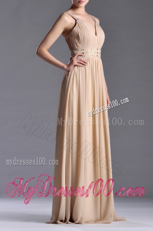 Champagne Empire Straps Beaded Chiffon Mother of The Bride Dress for Graduation