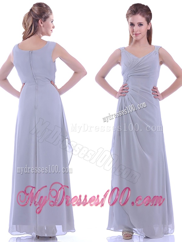 Cheap Column V Neck Ankle-length Ruching Mother of The Bride Dress in Grey