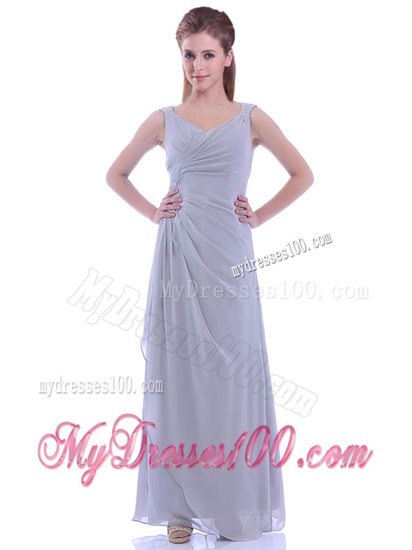 Cheap Column V Neck Ankle-length Ruching Mother of The Bride Dress in Grey