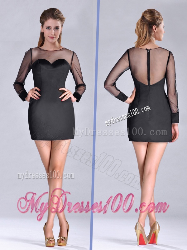 Cheap See Through Column Bateau Black Mother of The Bride Dress with Long Sleeves