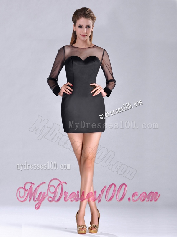Cheap See Through Column Bateau Black Mother of The Bride Dress with Long Sleeves