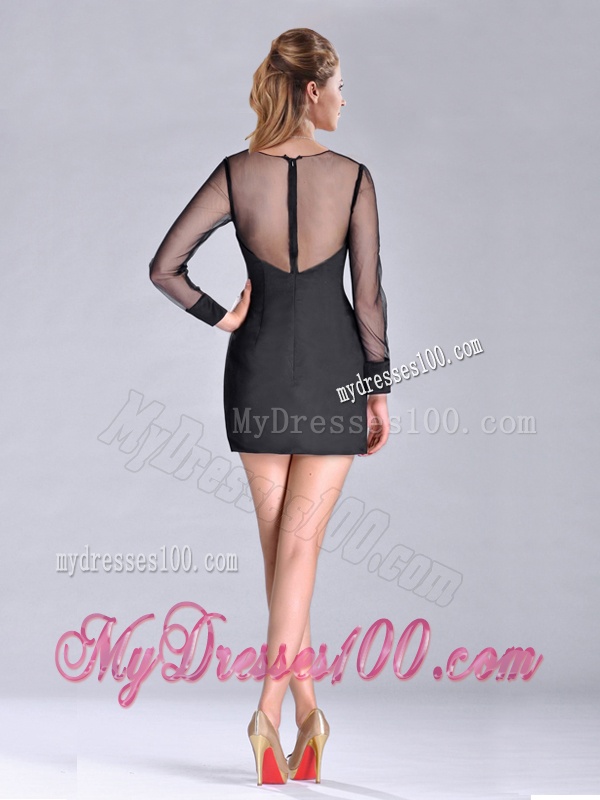 Cheap See Through Column Bateau Black Mother of The Bride Dress with Long Sleeves