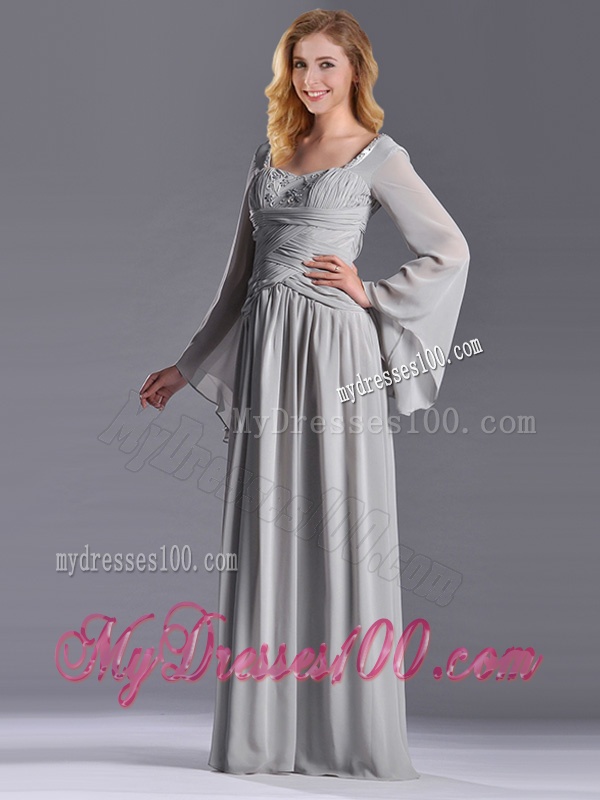 Classical Square Beaded and Ruched Mother of The Bride Dress with Long Sleeves