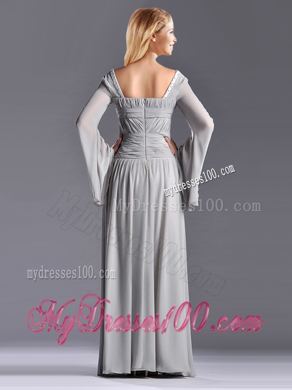 Classical Square Beaded and Ruched Mother of The Bride Dress with Long Sleeves