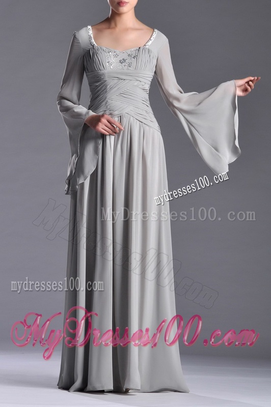 Classical Square Beaded and Ruched Mother of The Bride Dress with Long Sleeves