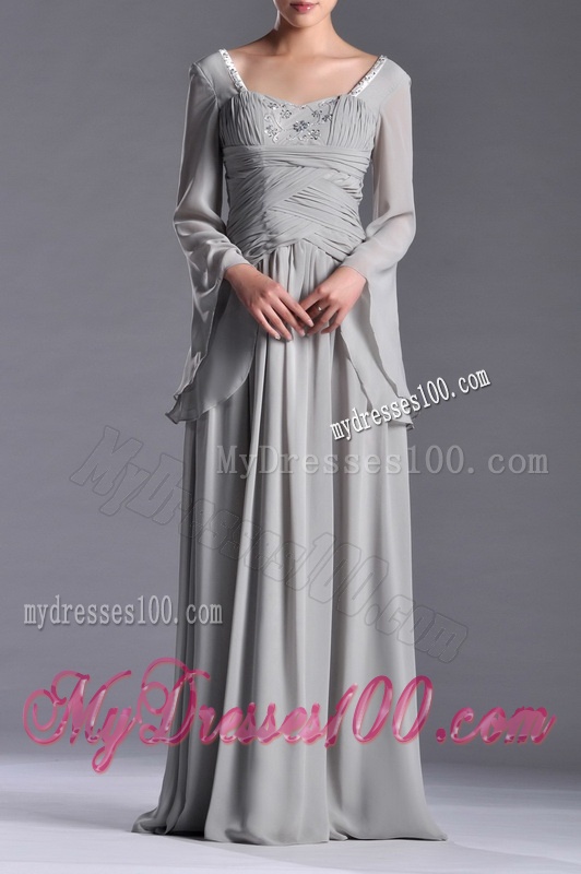 Classical Square Beaded and Ruched Mother of The Bride Dress with Long Sleeves