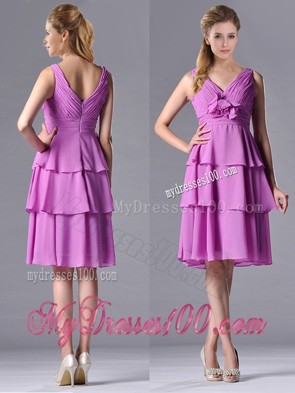 Classical V Neck Lilac Mother of The Bride Dress with Handcrafted Flower and Ruching