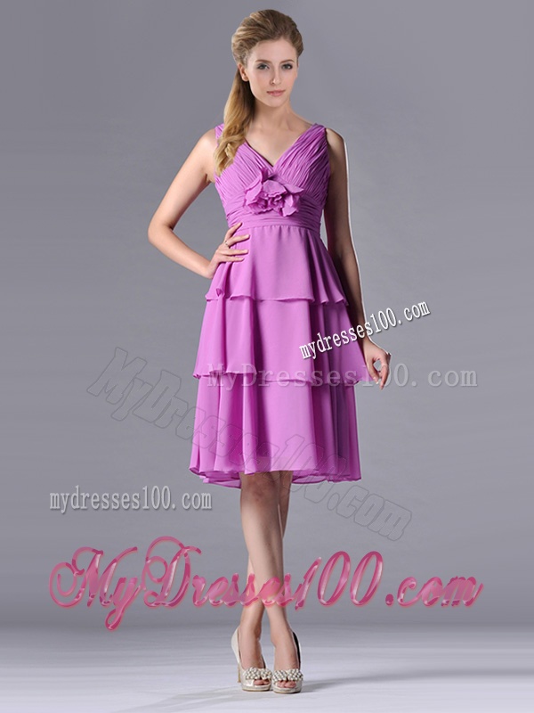Classical V Neck Lilac Mother of The Bride Dress with Handcrafted Flower and Ruching