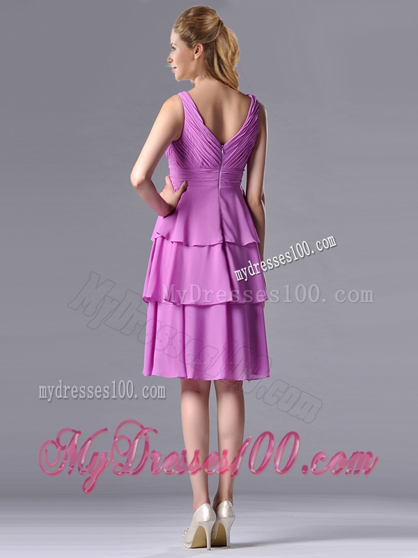 Classical V Neck Lilac Mother of The Bride Dress with Handcrafted Flower and Ruching