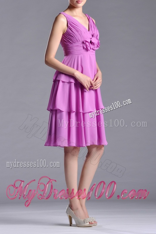 Classical V Neck Lilac Mother of The Bride Dress with Handcrafted Flower and Ruching