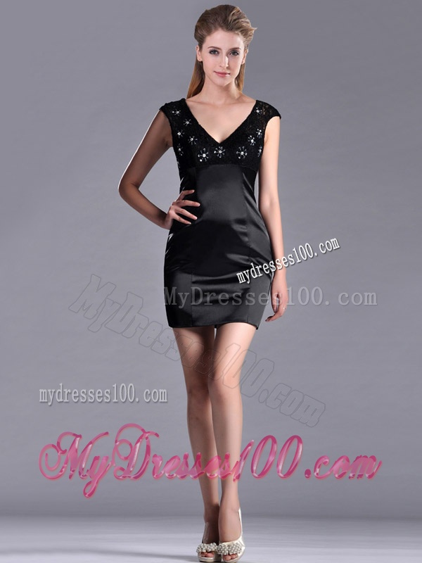 Classical V Neck Satin and Lace Mother of The Bride Dress with Cap Sleeves