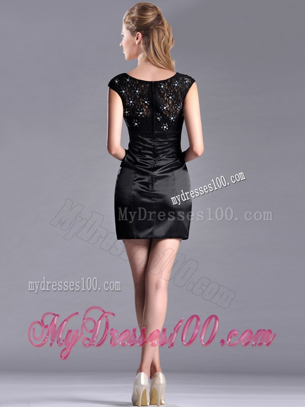 Classical V Neck Satin and Lace Mother of The Bride Dress with Cap Sleeves