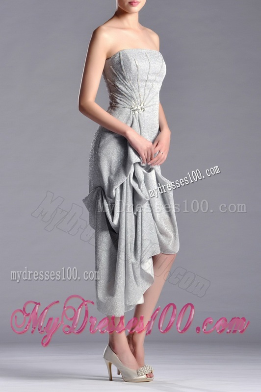 Discount Side Zipper Strapless Silver Mother of The Bride Dress in Asymmetrical