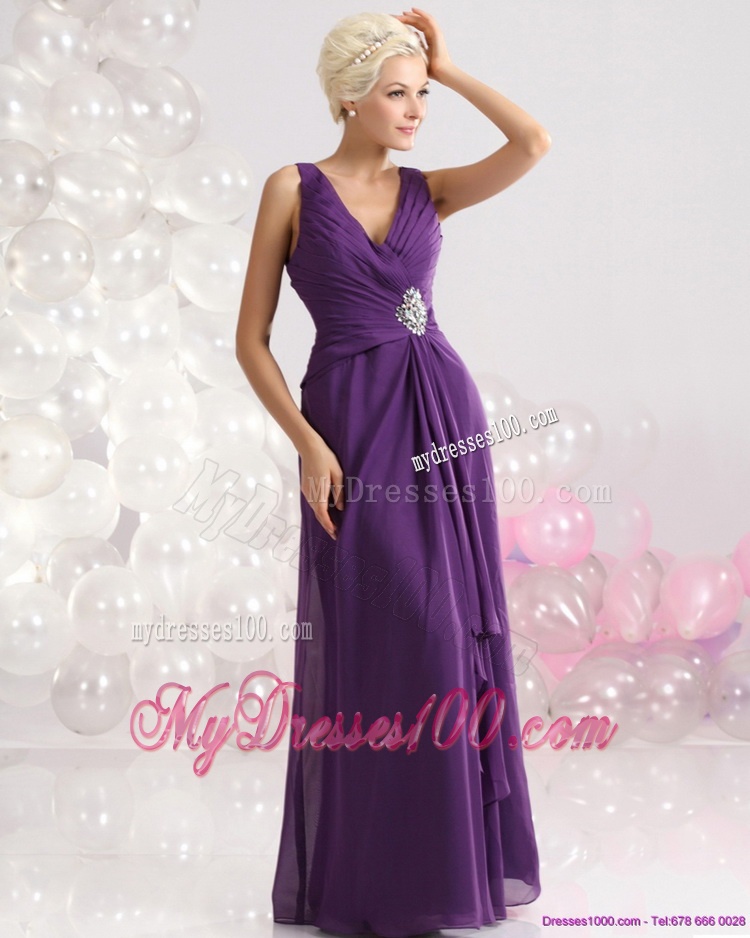 Elegant V Neck Floor Length Mother of The Bride Dress with Beading and Ruching