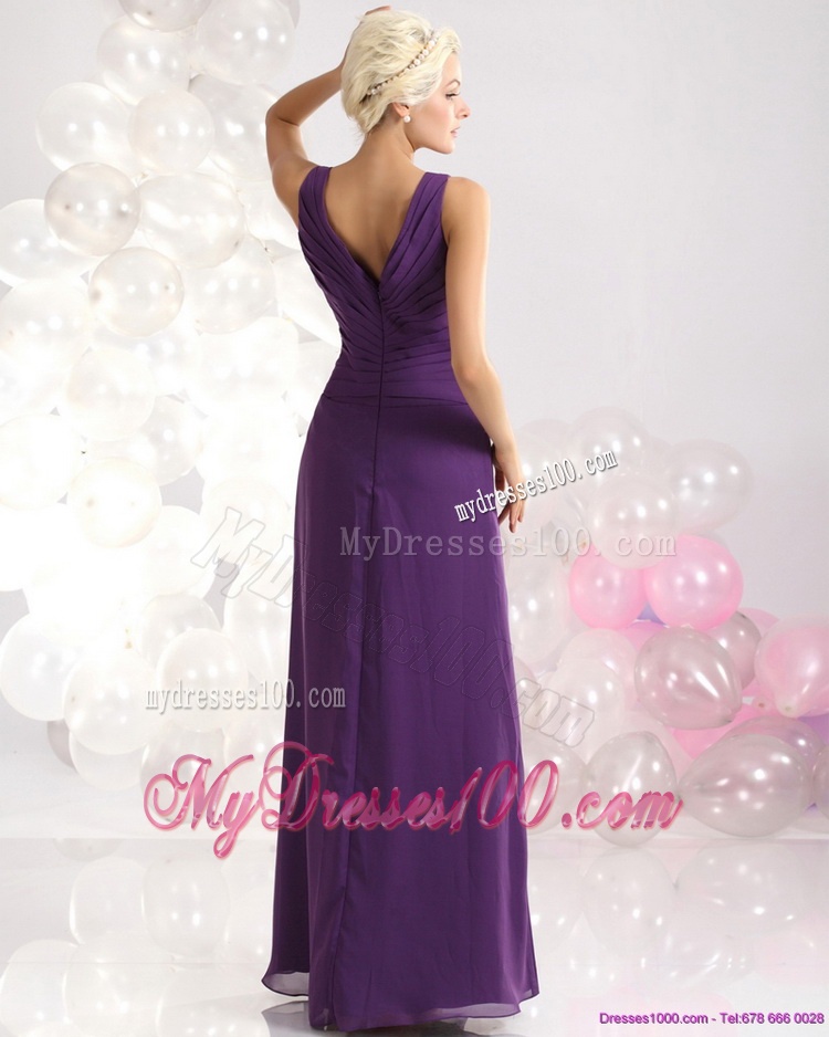 Elegant V Neck Floor Length Mother of The Bride Dress with Beading and Ruching