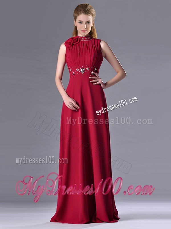 Empire High Neck Open Back Red Mother of The Bride Dress with Beading and Hand Crafted