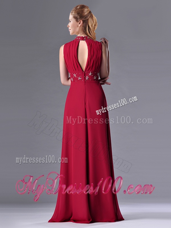 Empire High Neck Open Back Red Mother of The Bride Dress with Beading and Hand Crafted