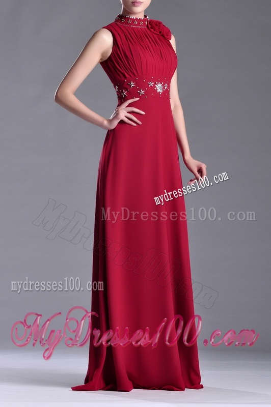 Empire High Neck Open Back Red Mother of The Bride Dress with Beading and Hand Crafted