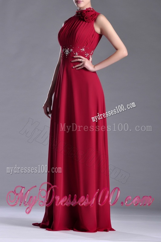 Empire High Neck Open Back Red Mother of The Bride Dress with Beading and Hand Crafted