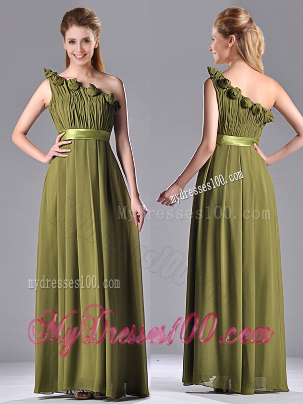 Empire One Shoulder Ruched and Belt Mother of The Bride Dress in Olive Green