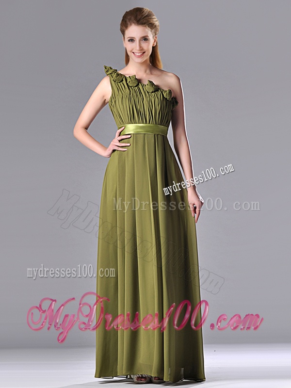 Empire One Shoulder Ruched and Belt Mother of The Bride Dress in Olive Green