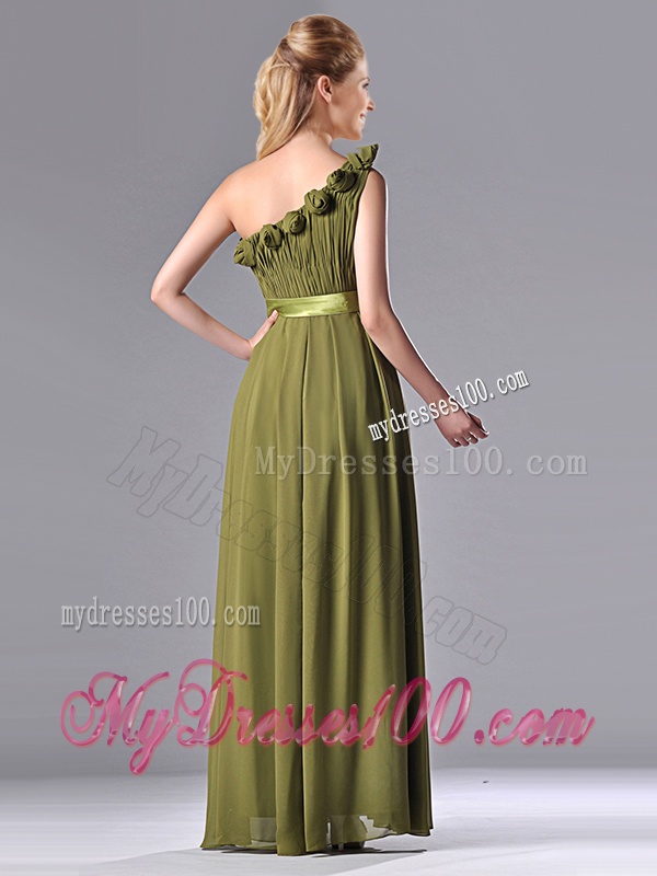 Empire One Shoulder Ruched and Belt Mother of The Bride Dress in Olive Green