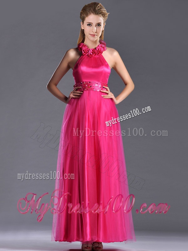 Exclusive Hot Pink Mother of The Bride Dress with Handcrafted Flowers Decorated Halter Top